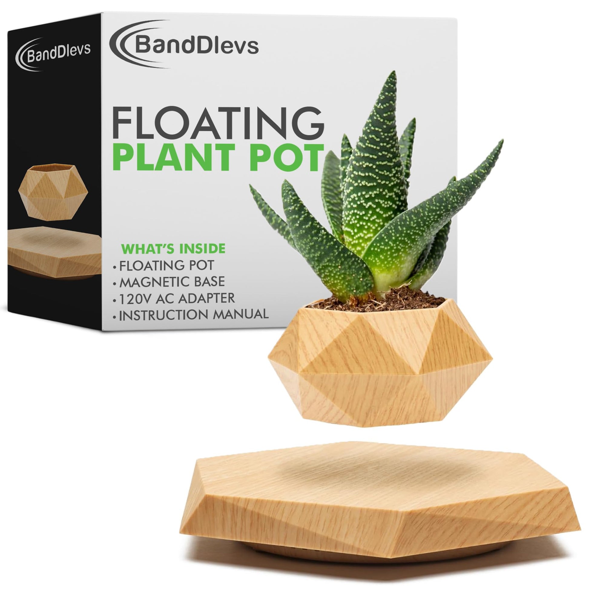 BandDlevs Floating Pots for Plants - Levitating Pot - Levitating Planter for Bonsai, Succulents, Air Plants - Floating Magnetic Display for Home Office Desks - Magnetic Levitation Plant Holder (Wood)