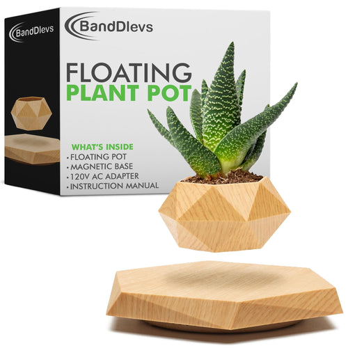 BandDlevs Floating Pots for Plants - Levitating Pot - Levitating Planter for Bonsai, Succulents, Air Plants - Floating Magnetic Display for Home Office Desks - Magnetic Levitation Plant Holder (Wood)